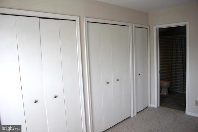 5151 Dominion Dr, Fredericksburg, VA 22407 - unfurnished bedroom featuring baseboards, light carpet, multiple closets, and ensuite bath