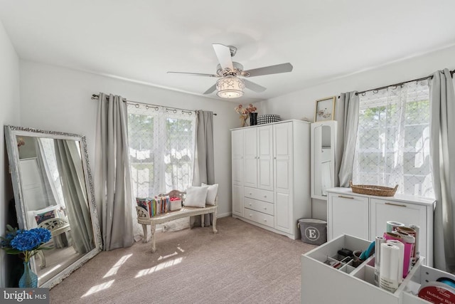  - office space with plenty of natural light, ceiling fan, and light carpet