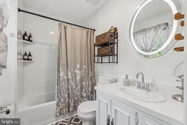  - full bath featuring vanity and shower / bath combo with shower curtain