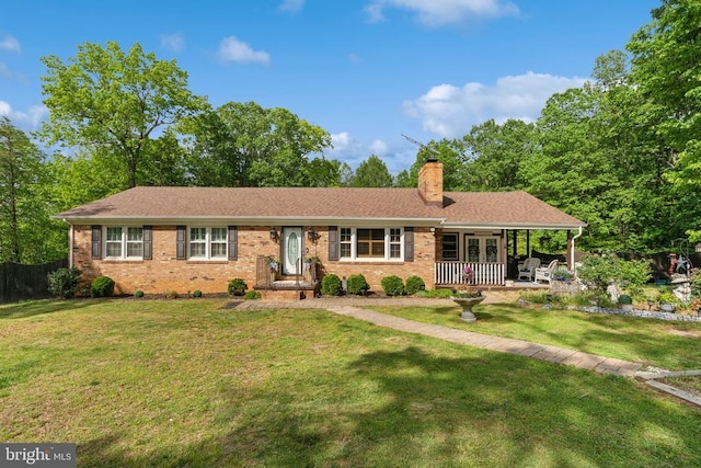 - single story home featuring a chimney, brick siding, and a shingled roof