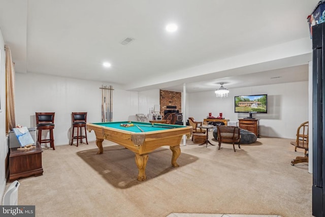  - playroom featuring carpet floors, billiards, and recessed lighting