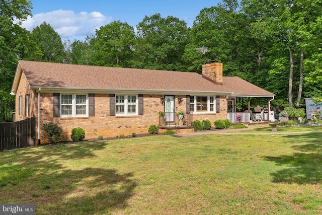  - single story home with a chimney, brick siding, and a shingled roof