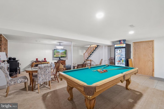  - game room featuring billiards, light tile patterned flooring, and light colored carpet