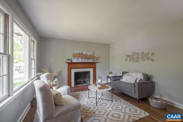 living room with wood finished floors, baseboards, and a fireplace with flush hearth