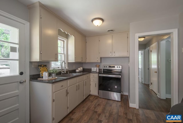 238 Old Lynchburg Rd, Charlottesville, VA 22903 - kitchen with stainless steel range with electric cooktop, a sink, dark wood-type flooring, dark countertops, and baseboards