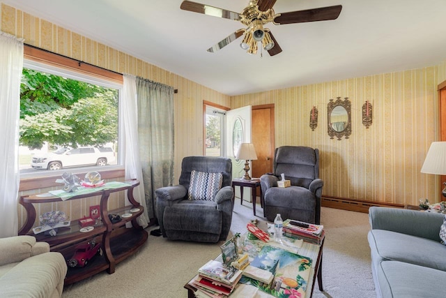 205 Lewis Ave, Elkton, VA 22827 - carpeted living area with wallpapered walls, plenty of natural light, and ceiling fan