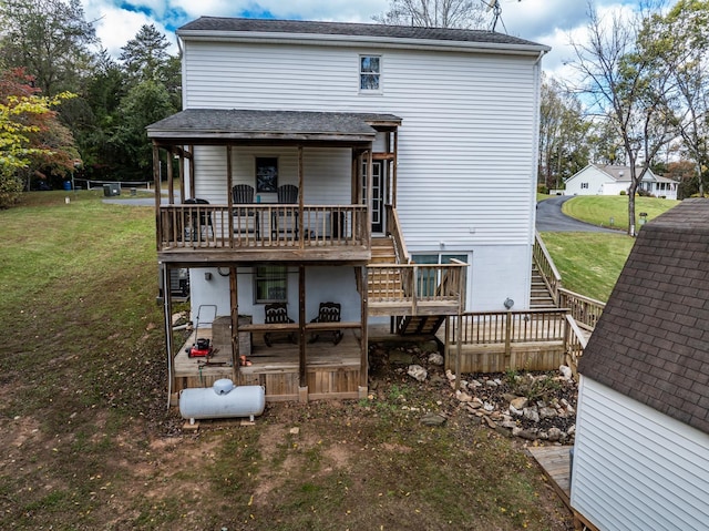 153 Heritage Hill Ln, Rochelle, VA 22738 - rear view of house with a yard, stairs, roof with shingles, and a deck