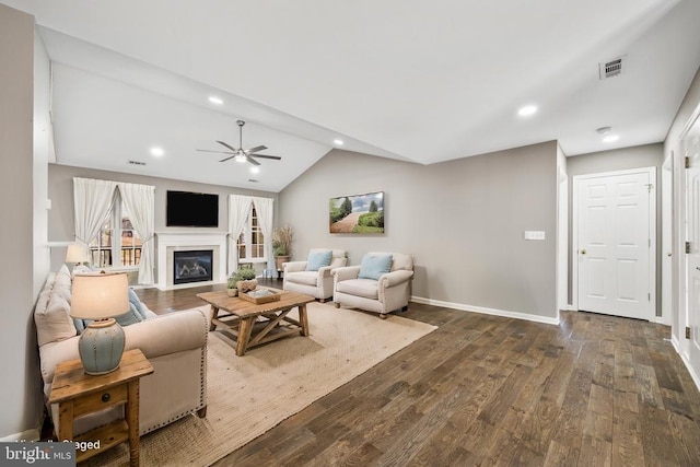 203 Birdie Rd, Locust Grove, VA 22508 - living room with lofted ceiling, dark wood-style floors, a fireplace with flush hearth, a ceiling fan, and recessed lighting