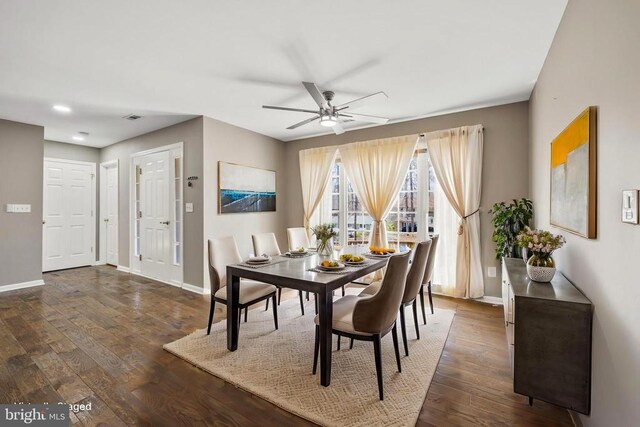 203 Birdie Rd, Locust Grove, VA 22508 - dining area featuring a ceiling fan, baseboards, and dark wood-style floors