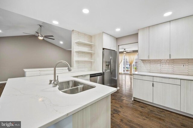 203 Birdie Rd, Locust Grove, VA 22508 - kitchen featuring appliances with stainless steel finishes, ceiling fan, a sink, open shelves, and recessed lighting