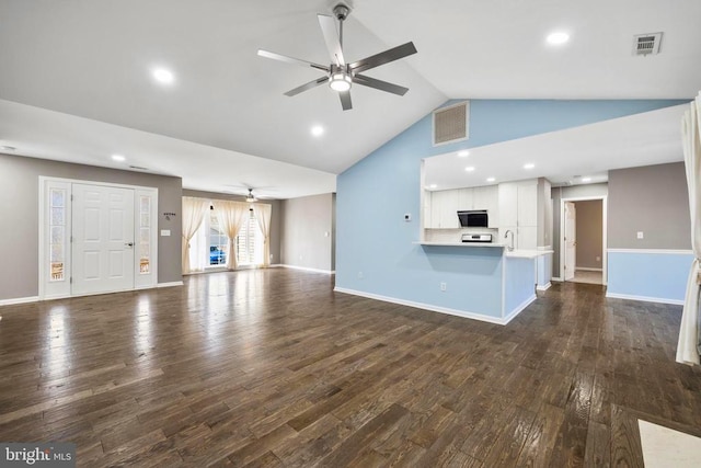 203 Birdie Rd, Locust Grove, VA 22508 - unfurnished living room with a ceiling fan, dark wood-style floors, a sink, high vaulted ceiling, and recessed lighting
