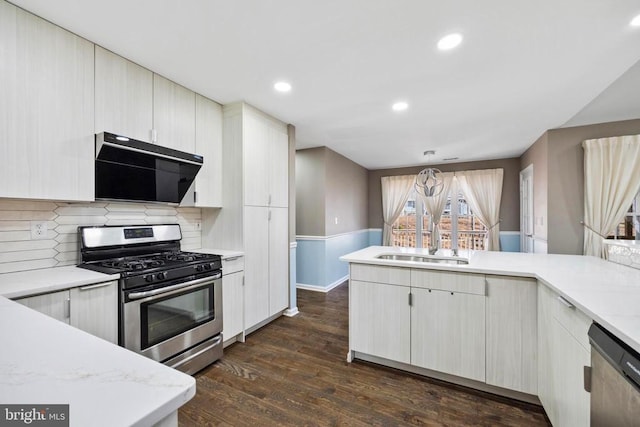 203 Birdie Rd, Locust Grove, VA 22508 - kitchen featuring appliances with stainless steel finishes, ventilation hood, a sink, dark wood finished floors, and decorative backsplash