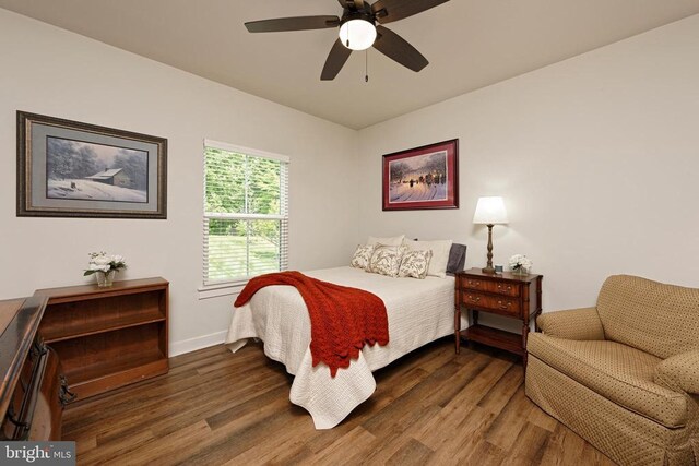  - bedroom featuring wood finished floors, baseboards, and a ceiling fan