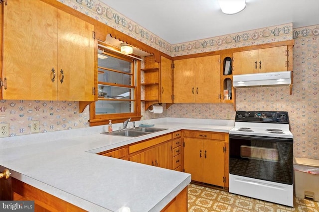 5524 Hickory Ridge Rd, Spotsylvania, VA 22551 - kitchen featuring range with electric stovetop, under cabinet range hood, wallpapered walls, a sink, and light countertops