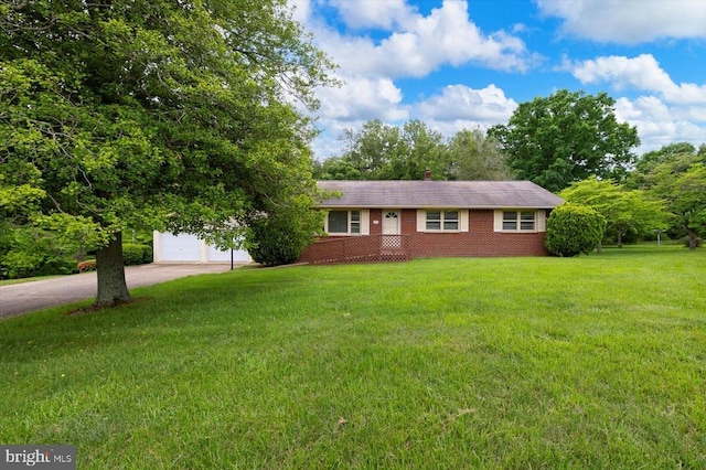 5524 Hickory Ridge Rd, Spotsylvania, VA 22551 - ranch-style house featuring driveway, a front yard, brick siding, a garage, and a chimney