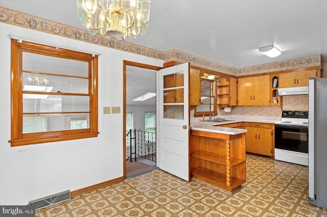5524 Hickory Ridge Rd, Spotsylvania, VA 22551 - kitchen with range with electric stovetop, light floors, under cabinet range hood, light countertops, and a sink