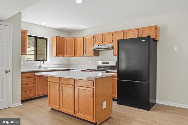 1132 Amber Ridge Rd, Charlottesville, VA 22901 - kitchen with freestanding refrigerator, stainless steel electric stove, under cabinet range hood, light wood finished floors, and a center island