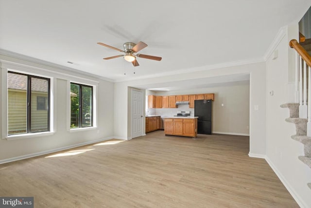 1132 Amber Ridge Rd, Charlottesville, VA 22901 - unfurnished living room with stairs, a ceiling fan, light wood-type flooring, and ornamental molding