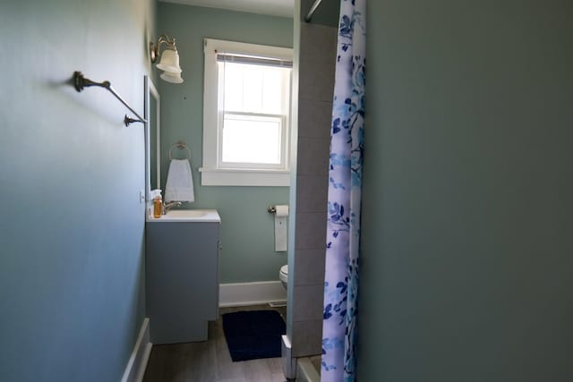 126 Park Blvd, Staunton, VA 24401 - bathroom with baseboards, a shower with shower curtain, wood finished floors, vanity, and toilet