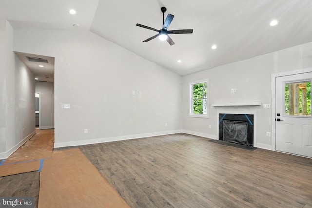 394 Pinehurst Rd, Gordonsville, VA 22942 - unfurnished living room with a ceiling fan, a premium fireplace, wood finished floors, recessed lighting, and baseboards