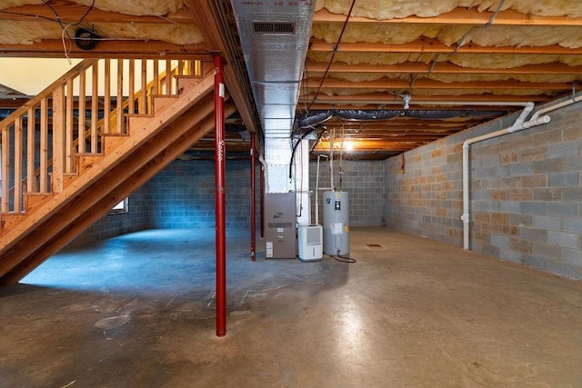 163 Valley View Ave, Mount Sidney, VA 24467 - unfinished below grade area with electric water heater, stairway, and heating unit