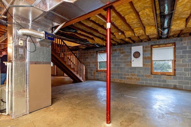 163 Valley View Ave, Mount Sidney, VA 24467 - below grade area with stairs, concrete block wall, and heating unit
