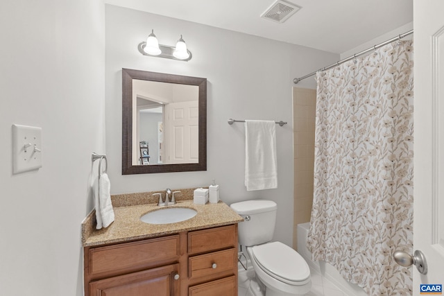 bathroom with shower / bath combo, toilet, visible vents, and vanity