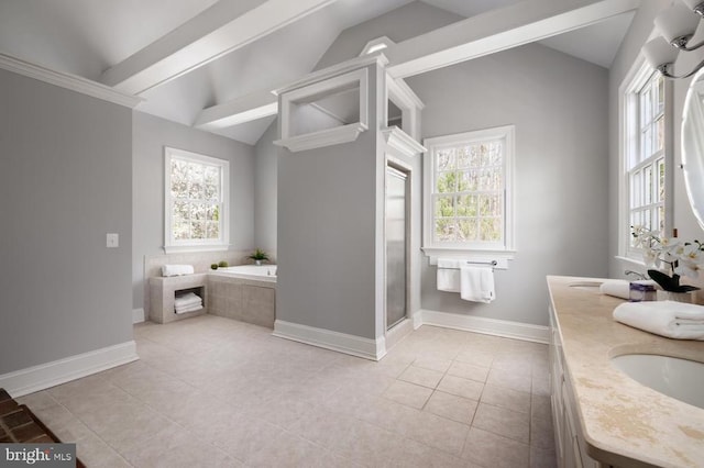 - full bath featuring vaulted ceiling, healthy amount of natural light, a garden tub, double vanity, and tile patterned floors