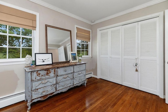 935 Glenwood Blvd, Waynesboro, VA 22980 - bedroom with a baseboard radiator, dark wood-style flooring, ornamental molding, and multiple windows