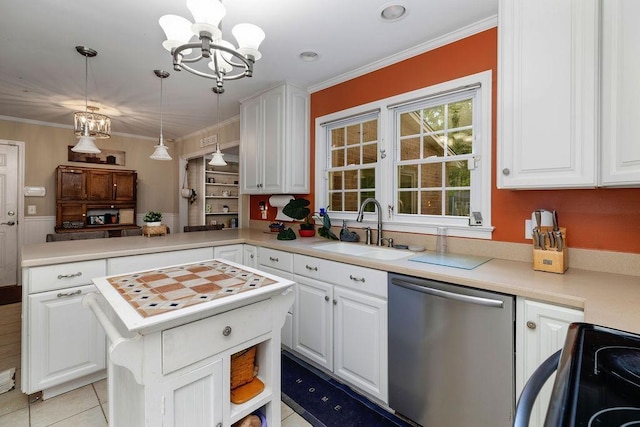 935 Glenwood Blvd, Waynesboro, VA 22980 - kitchen featuring dishwasher, a chandelier, a peninsula, white cabinets, and crown molding