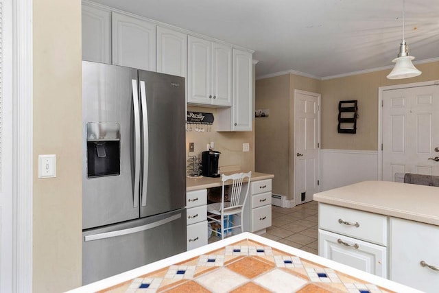 935 Glenwood Blvd, Waynesboro, VA 22980 - kitchen featuring stainless steel refrigerator with ice dispenser, light countertops, light tile patterned floors, white cabinetry, and hanging light fixtures