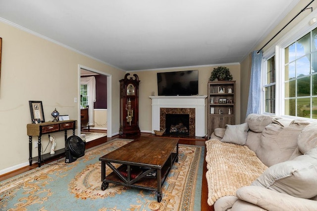935 Glenwood Blvd, Waynesboro, VA 22980 - living area featuring plenty of natural light, crown molding, wood finished floors, and a fireplace