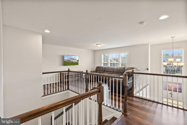11405 Owls Nest Ct, Spotsylvania, VA 22551 - hall featuring an upstairs landing, a chandelier, dark wood-style floors, and recessed lighting