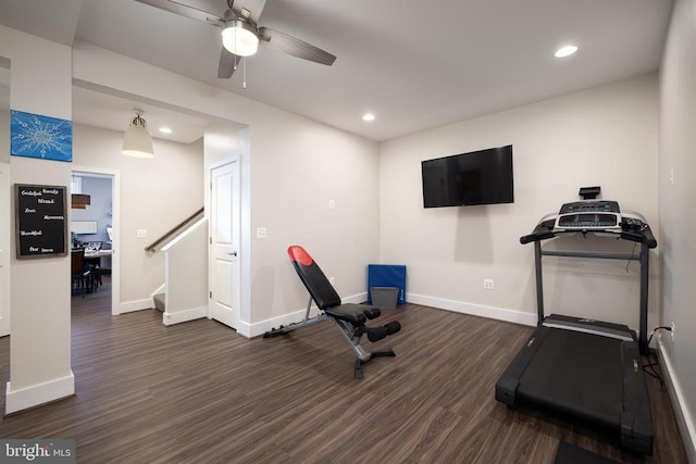 11405 Owls Nest Ct, Spotsylvania, VA 22551 - workout room with dark wood-style floors, baseboards, a ceiling fan, and recessed lighting