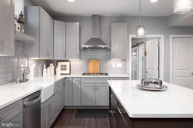 11405 Owls Nest Ct, Spotsylvania, VA 22551 - kitchen featuring wall chimney exhaust hood, appliances with stainless steel finishes, gray cabinets, light countertops, and recessed lighting