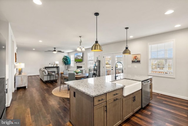 11405 Owls Nest Ct, Spotsylvania, VA 22551 - kitchen with a sink, dishwasher, dark wood-style floors, a ceiling fan, and recessed lighting