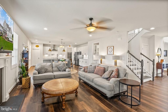 11405 Owls Nest Ct, Spotsylvania, VA 22551 - living room featuring dark wood-style floors, ceiling fan, stairs, recessed lighting, and baseboards