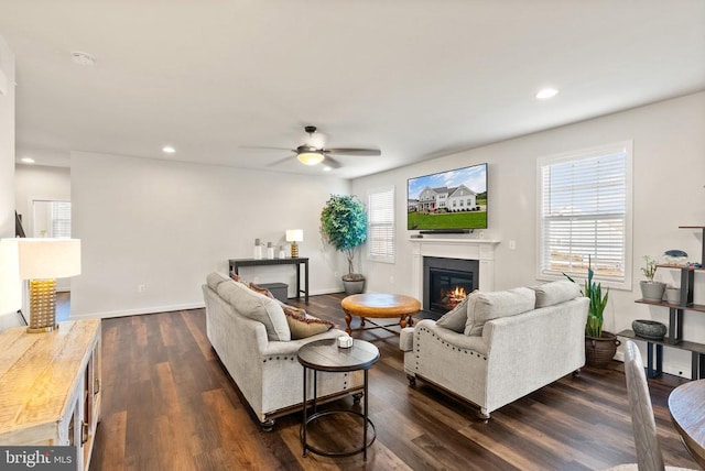 11405 Owls Nest Ct, Spotsylvania, VA 22551 - living room with a glass covered fireplace, ceiling fan, dark wood-style floors, recessed lighting, and baseboards