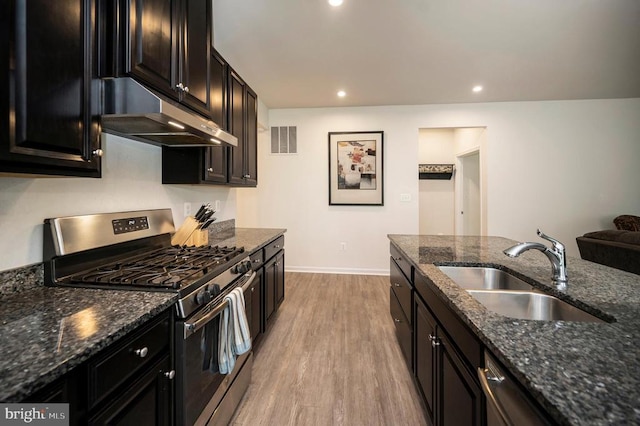 9323 Wood Creek Cir, Fredericksburg, VA 22407 - kitchen featuring stainless steel range with gas stovetop, a sink, wood finished floors, under cabinet range hood, and baseboards