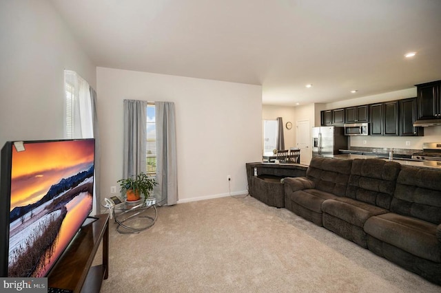 9323 Wood Creek Cir, Fredericksburg, VA 22407 - living area with light carpet, recessed lighting, and baseboards