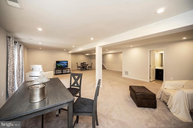 9323 Wood Creek Cir, Fredericksburg, VA 22407 - dining space featuring recessed lighting, stairs, light carpet, and baseboards