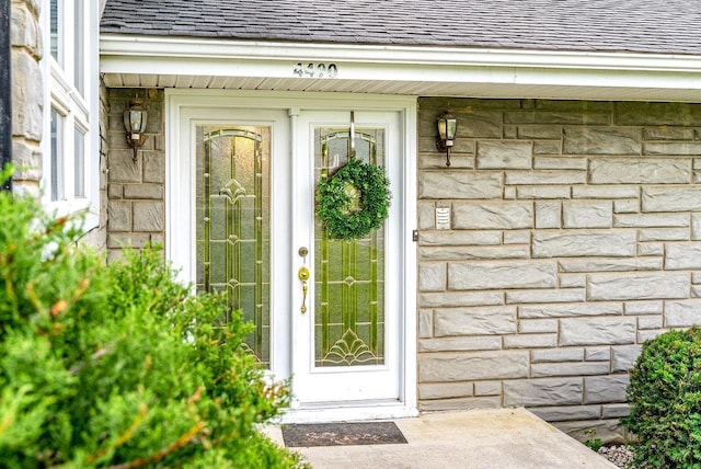 4490 N Valley Pike, Rockingham, VA 22802 - doorway to property with roof with shingles and stone siding