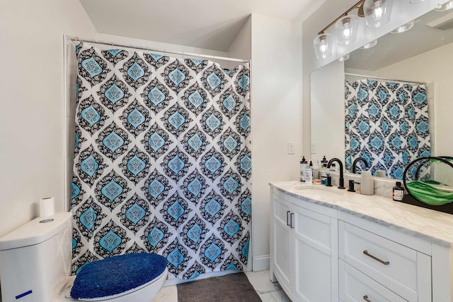 250 Washington Ave W, Elkton, VA 22827 - bathroom featuring toilet, vanity, tile patterned flooring, and a shower with curtain