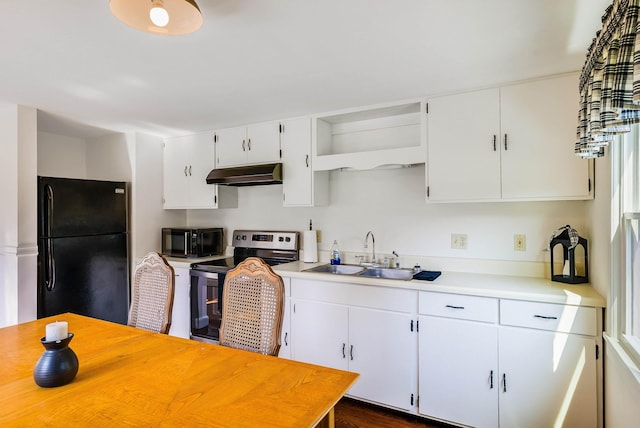 3914 Ida Rd, Luray, VA 22835 - kitchen featuring black appliances, under cabinet range hood, light countertops, open shelves, and white cabinets