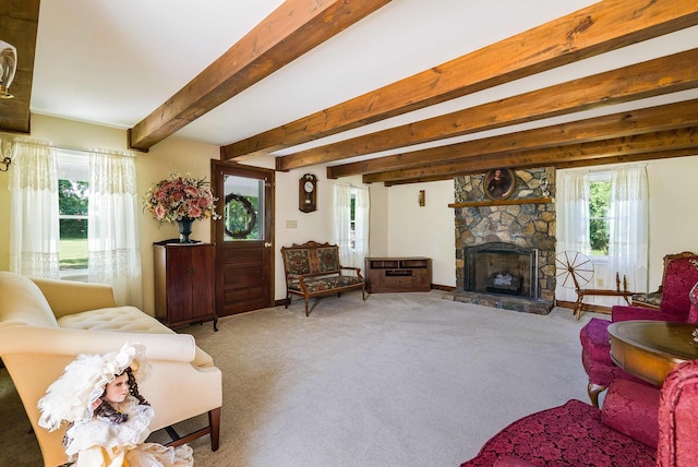 3914 Ida Rd, Luray, VA 22835 - living area with healthy amount of natural light, carpet flooring, a stone fireplace, and beam ceiling