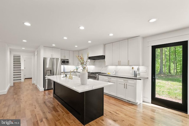  - kitchen with backsplash, recessed lighting, white cabinets, and appliances with stainless steel finishes