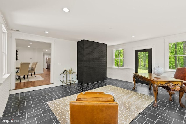  - office featuring visible vents, a fireplace, and recessed lighting