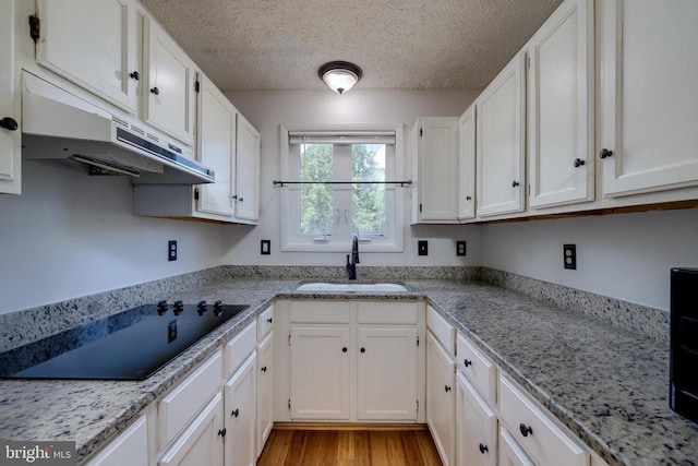 kitchen featuring black electric stovetop, a sink, under cabinet range hood, white cabinetry, and a textured ceiling