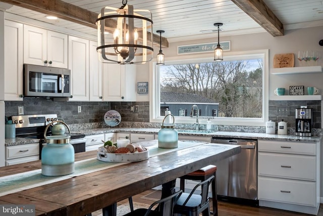 26438 Pennfields Dr, Orange, VA 22960 - kitchen featuring a sink, beam ceiling, a chandelier, white cabinetry, and appliances with stainless steel finishes