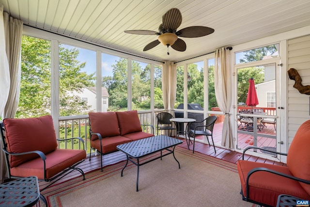 353 Bayberry Way, Charlottesville, VA 22911 - sunroom / solarium featuring a ceiling fan, an outdoor hangout area, and outdoor dining space